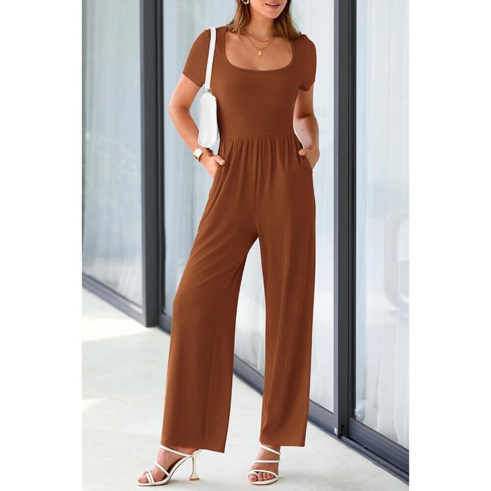 Women's Brown Summer Short Sleeve Square Neck Wide Leg Rompers Jumpsuits - Picture 4 of 8